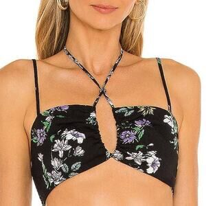 AFRM Luka Cropped Ruched Drawstring Halter Neck Tie Strappy Floral Top Womens M